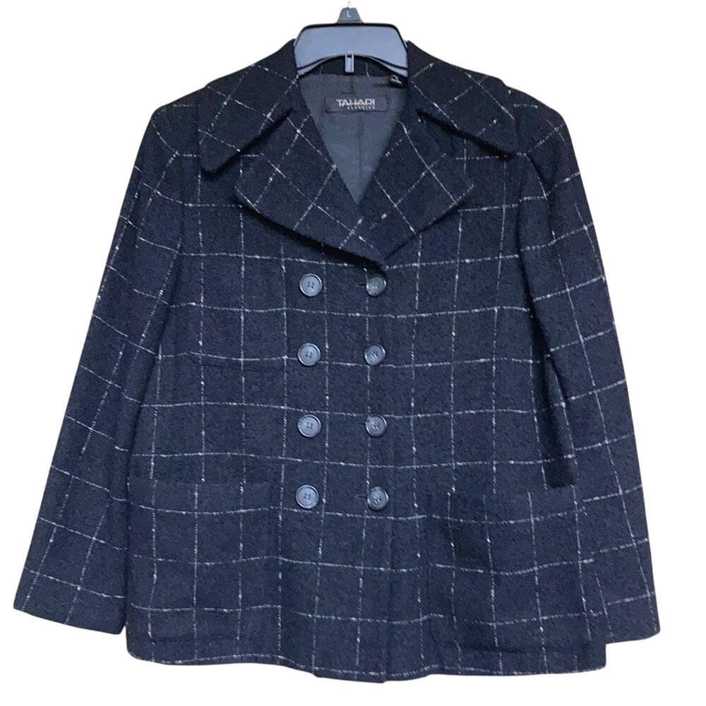 Vintage Tahari Black Windowpane Double-Breasted Wool Blend Blazer 8